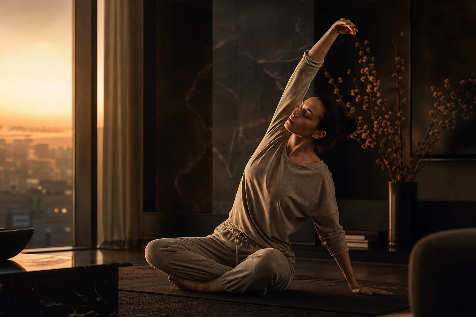 A calm evening wellness moment in warm gold light